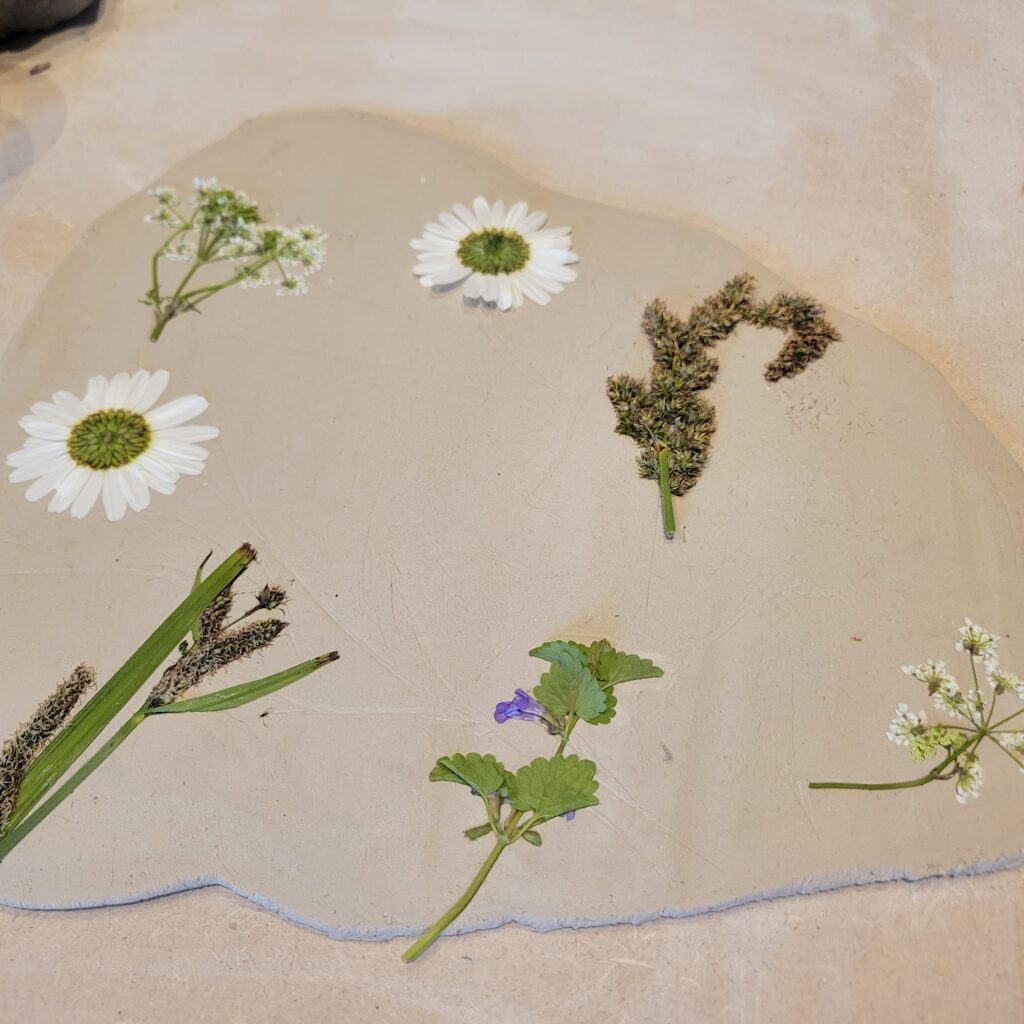 Verse botanische bloemen en bladeren klaargelegd om af te drukken in een ruwe plaat klei tijdens de keramiek en bloemen workshop van Atelier Roots.